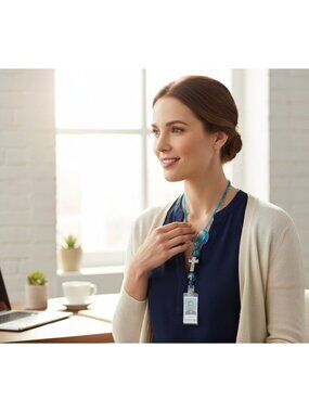 Blue Retractable Badge Holder With Cross Charm & Beaded Lanyard For ID Cards